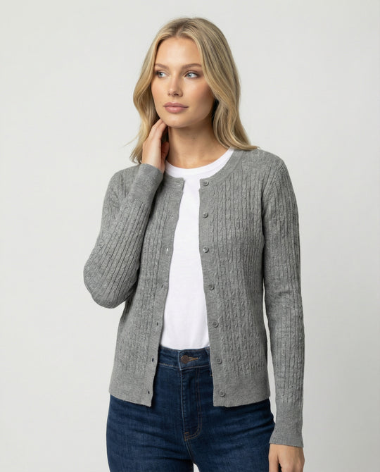 Damen klassischer Strickcardigan mit feiner Zopfstruktur Rundhalsausschnitt und schmaler Silhouette R&B