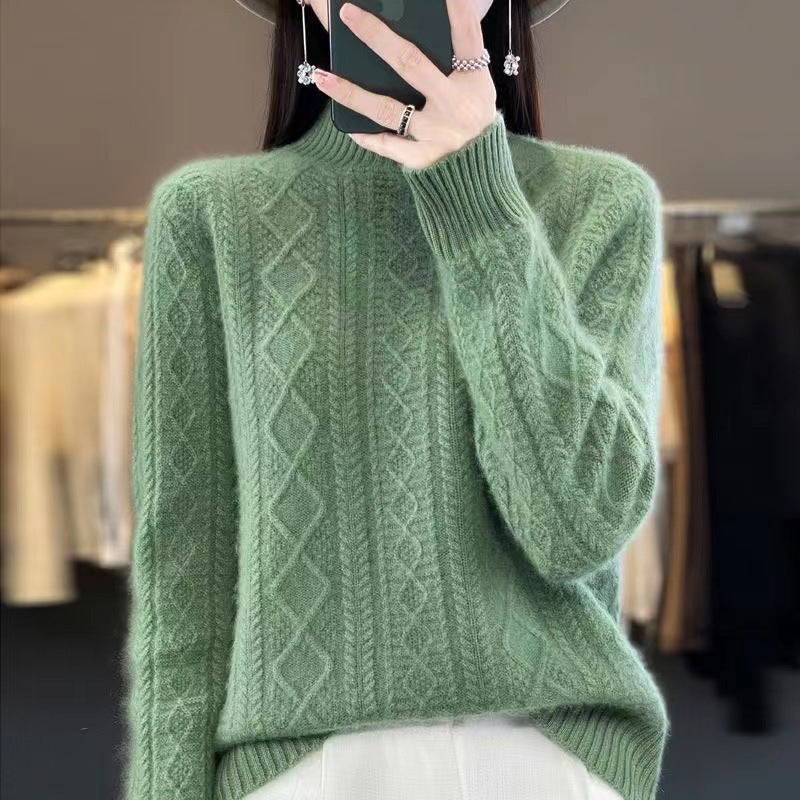 Damen Hochwertiger Strickpullover mit Stehkragen und Zopfdesign R&B