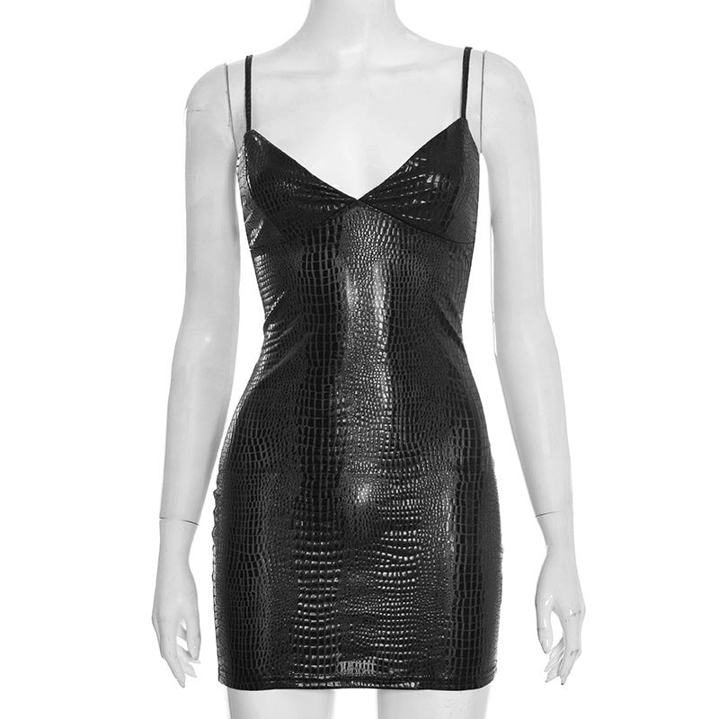 Damen Mini-Kleid mit glänzender Krokodil-Optik und Spaghetti-Trägern R&B