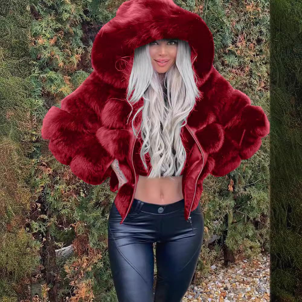 Damen Sportliche Kunstpelzjacke mit Kapuze R&B