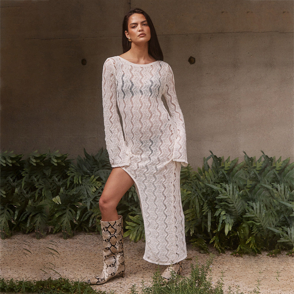 Damen elegantes gehäkeltes Strandkleid mit seitlichem Schlitz R&B