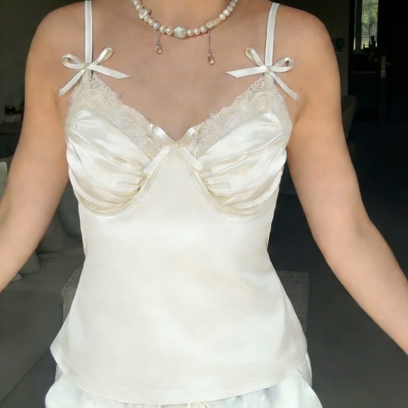Damen Satin-Camisole mit Spitze und verspielten Schleifen R&B