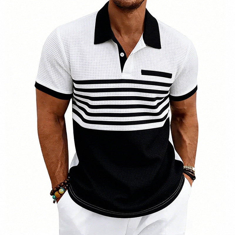 Herren nan Jacquard-Polo mit Blockstreifen, Brustblende und Baumwollmix R&B