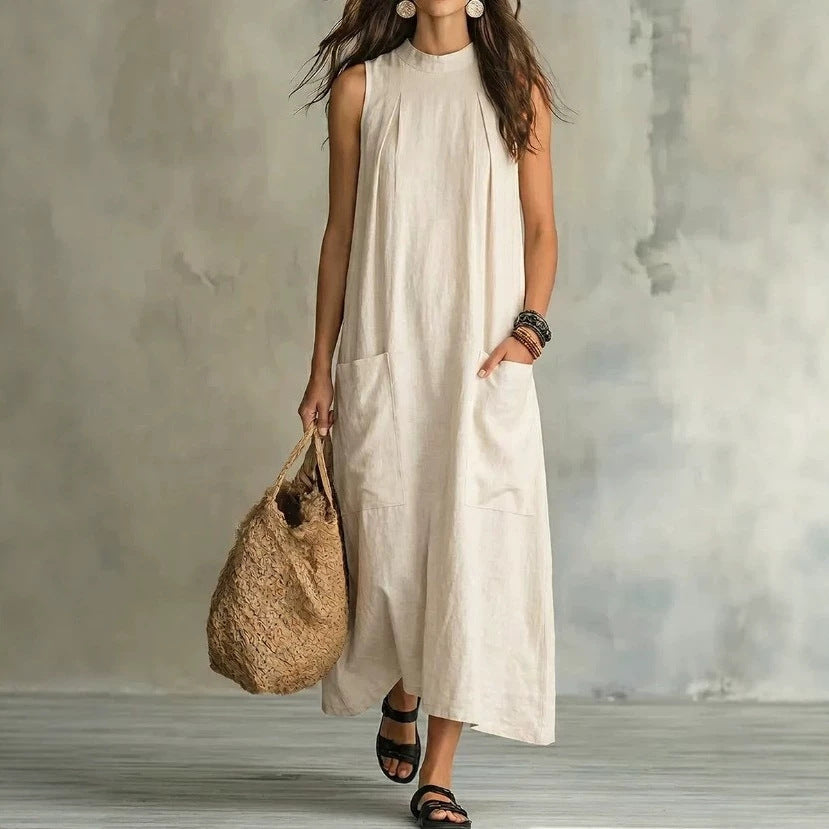 Damen nan ärmelloses Leinen-Maxikleid mit Stehkragen, Brustfalten und aufgesetzten Taschen R&B