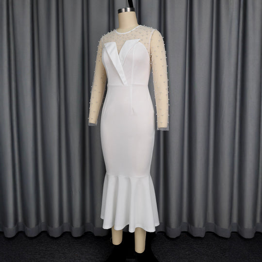 Damen Elegantes Hochzeitskleid mit transparenten Puffärmeln und Taillengürtel R&B