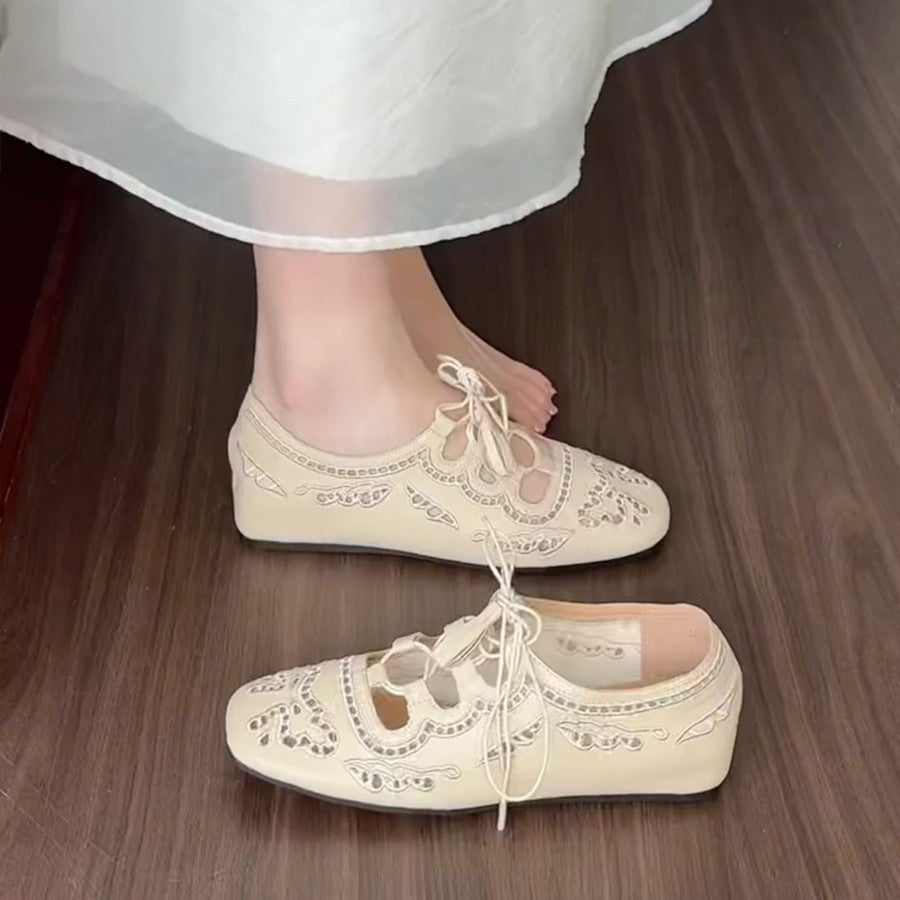 Damen Ballerina-Slipper mit dekorativer Schnürung und filigranem Spitzenmuster R&B
