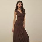 Damen Fließendes Maxikleid mit Raffungen und V-Ausschnitt R&B