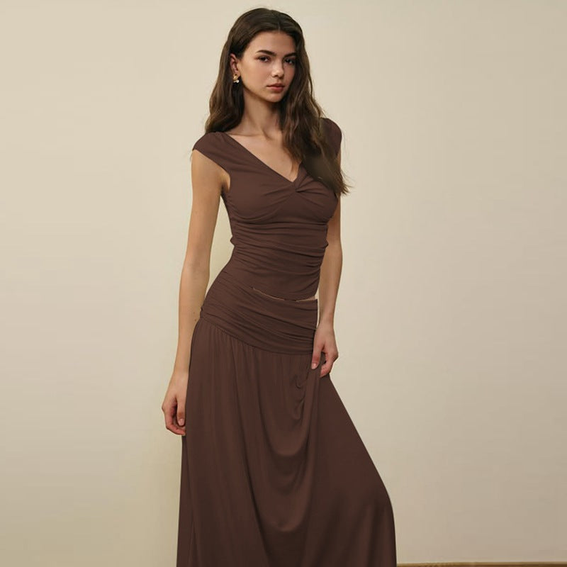 Damen Fließendes Maxikleid mit Raffungen und V-Ausschnitt R&B