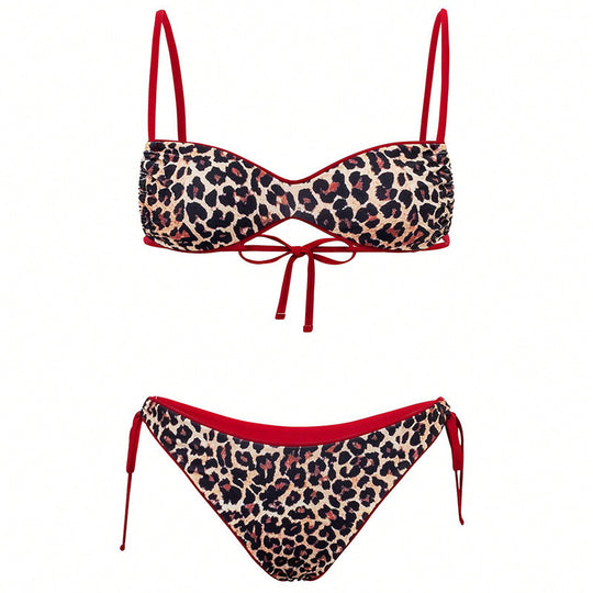 Damen Triangel-Bikini mit modischen Bindebändern und stylischem Leopardenmuster R&B