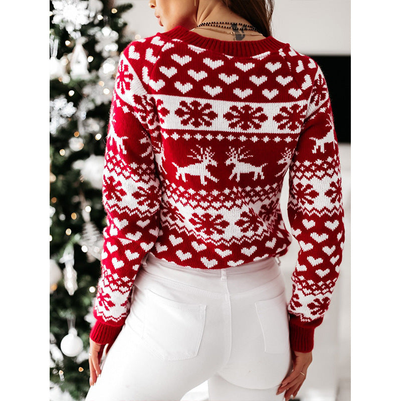 Damen Strickpullover mit weihnachtlichem Muster und Rundhalsausschnitt R&B
