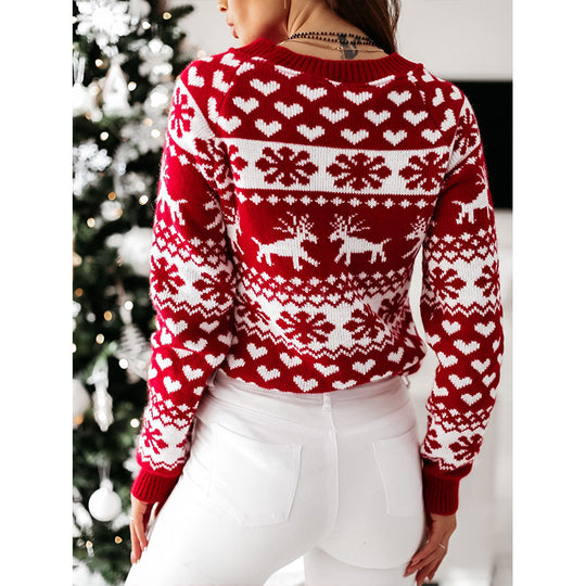 Damen Strickpullover mit weihnachtlichem Muster und Rundhalsausschnitt R&B