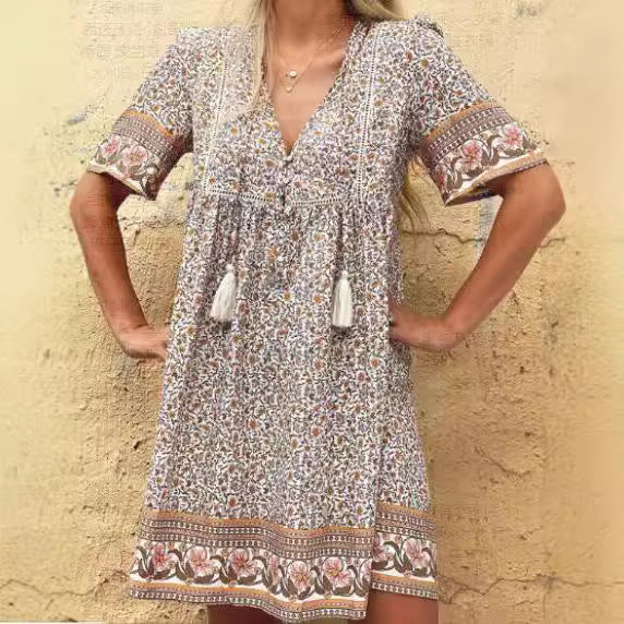 Damen Lässiges Boho-Kleid mit verspielten Quasten und floralen Mustern R&B
