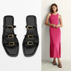 Damen Elegante Zehensteg-Sandalen mit modischem Riemendesign und goldenen Akzenten R&B
