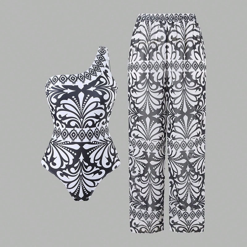 Damen Einteiler Badeanzug mit elegantem asymmetrischen Design und passender Hose R&B