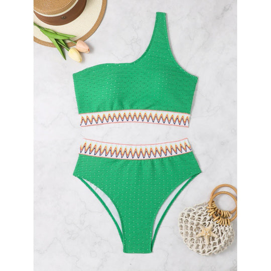 Damen Hochtailliertes Bikini-Set mit asymmetrischem Oberteil und dekorativem Muster R&B