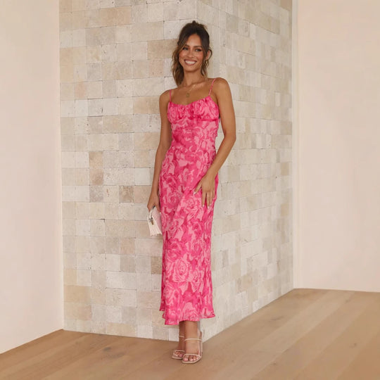 Damen Maxikleid mit floralem Wasserfarben-Design und verstellbaren Trägern R&B