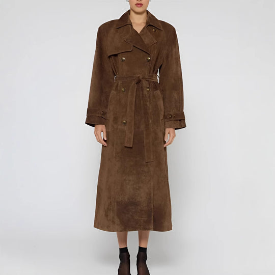 Damen Eleganter Knie-langer Trenchcoat aus Wildlederimitat R&B