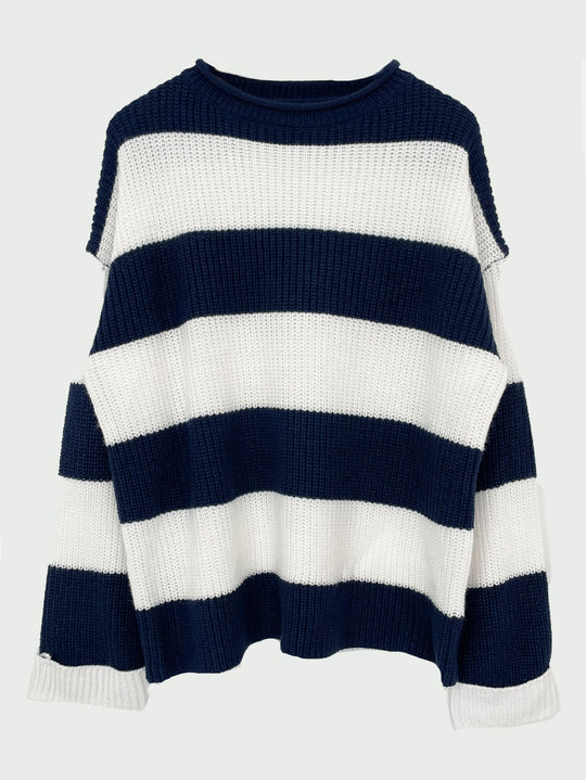 Damen lässiger Strickpullover mit breiten Streifen und lockerer Passform R&B