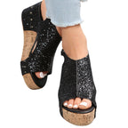 Damen Glamouröse Wedge-Sandaletten mit Glitzer und Korksohle R&B