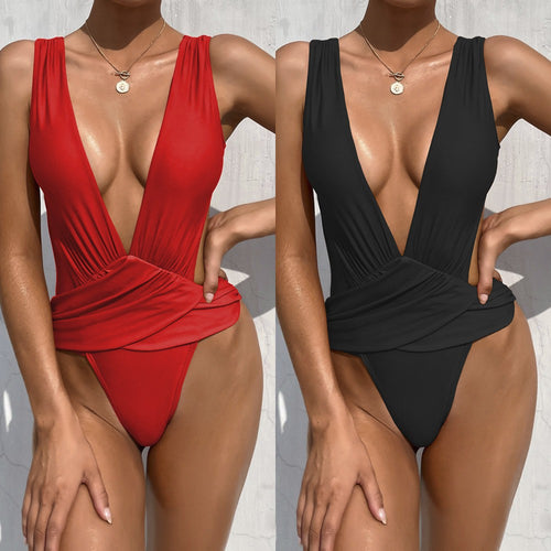Damen Einteiler Badeanzug mit tiefem V-Ausschnitt und Wickeldetail R&B