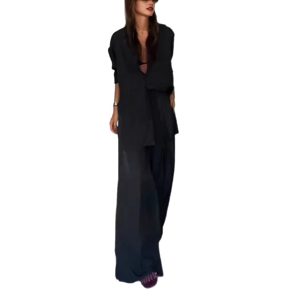 Damen Leinenweite Hose mit tailliertem Oberteil und KNopfdetails R&B