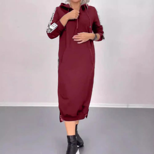 Damen nan knöchellanges Kapuzen-Sweatkleid mit Halbzip, Kängurutaschen und seitlicher Zierpaspel R&B