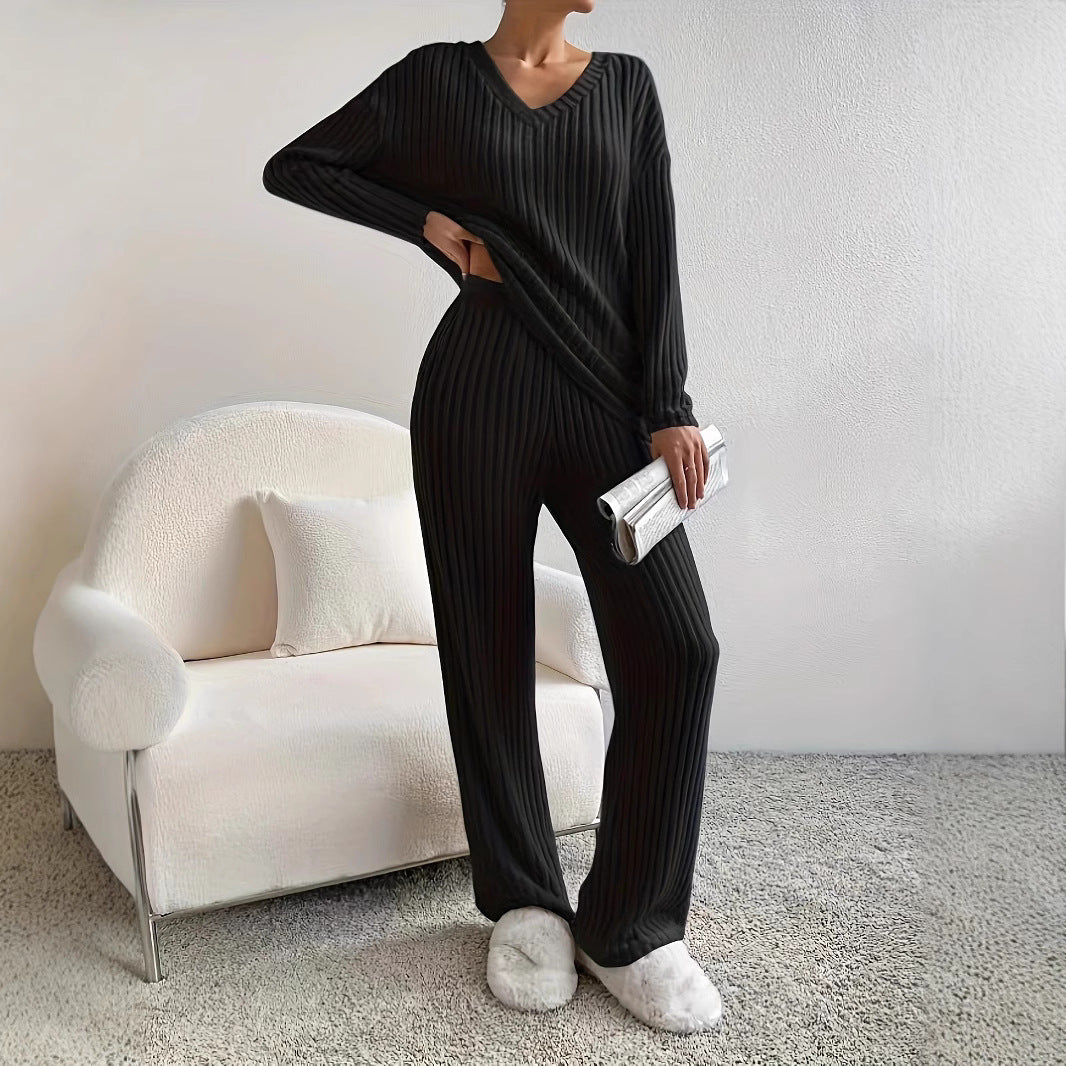 Damen Komfortables Strickset mit V-Ausschnitt und geripptem Design R&B