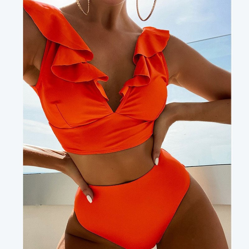 Damen Bikini mit elegantem Rüschendesign und hoch geschnittenem Höschen R&B