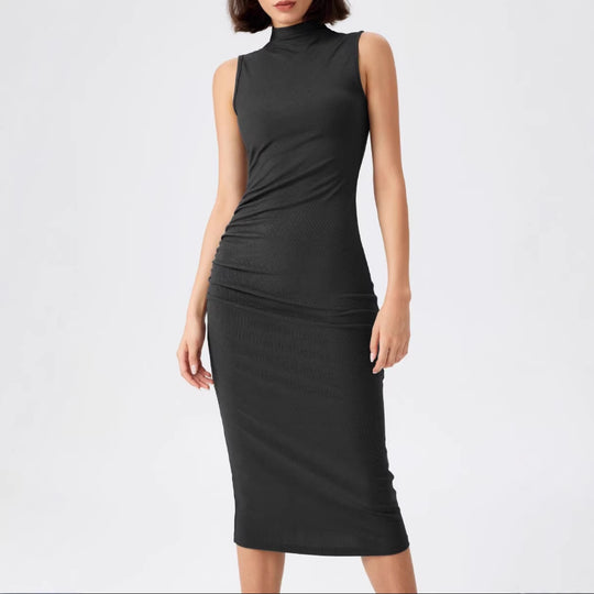 Damen elegantes Midi-Kleid mit figurbetontem Schnitt und hohem Kragen R&B