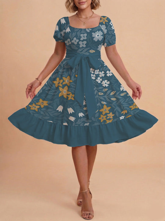 Damen Blumenkleid mit taillierbarem Gürtel und voluminösen Ärmeln R&B