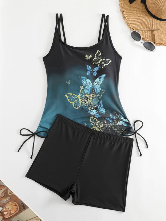 Damen Tankini mit Schmetterlingsmotiv und Badeshorts R&B