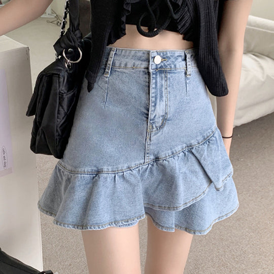 Damen Jeansrock mit voluminösem Rüschensaum und knopfbarem Bund R&B