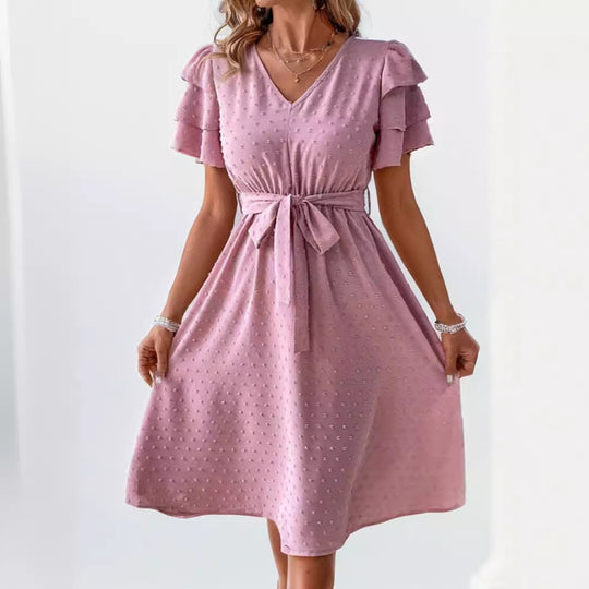 Damen Midi-Kleid mit schickem V-Ausschnitt und voluminösen Rüschensäumen R&B