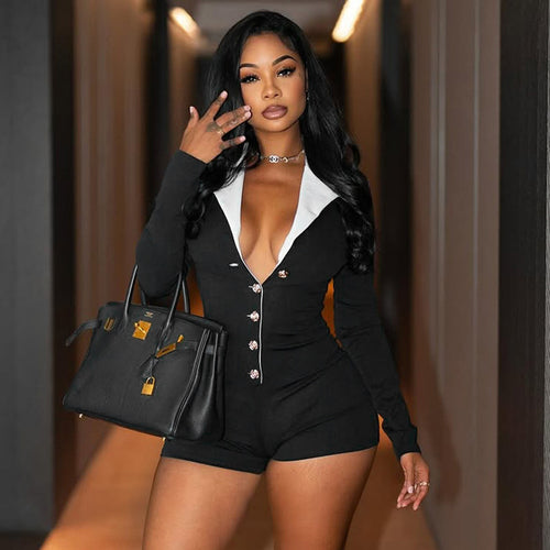 Damen modischer Jumpsuit mit tiefem V-Ausschnitt und eleganter Kragen R&B