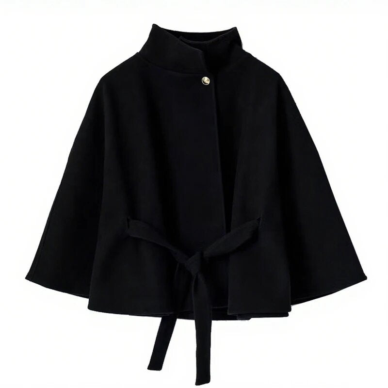 Damen elegante Umhangjacke mit Bindegürtel und hochgeschlossenem Kragen R&B