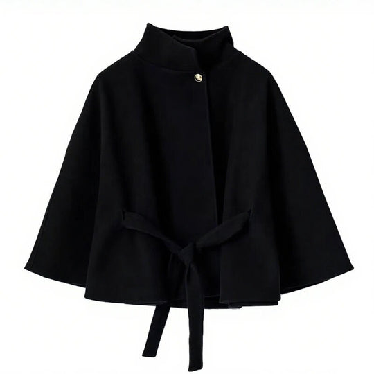 Damen elegante Umhangjacke mit Bindegürtel und hochgeschlossenem Kragen R&B