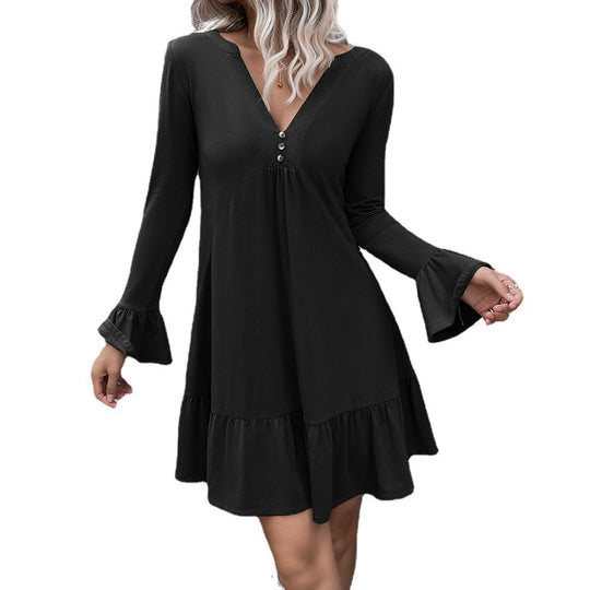 Damen lockeres Kleid mit schmeichelndem V-Ausschnitt und Glockenärmeln R&B