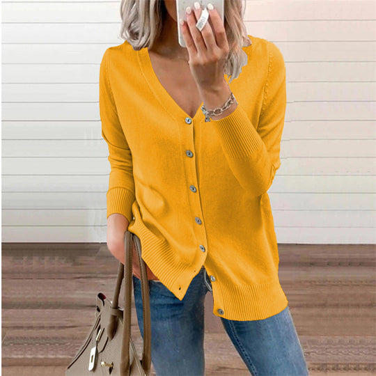 Damen Strickjacke mit Modernen Knopfdetails und Tiefem V-Ausschnitt R&B