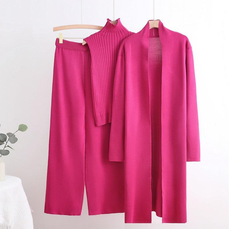 Damen gemütliches Strick-Loungewear-Set mit langem Cardigan und Rippenshirts R&B