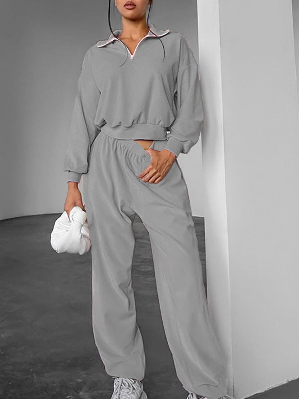 Damen Lässiges Trainingsanzug-Set mit kurzer Zipjacke und weiten Hosen R&B