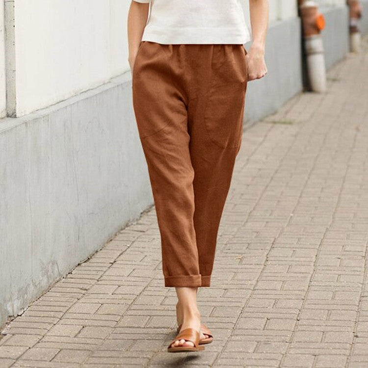Damen nan leichte Leinenhose mit elastischem Bund, seitlichen Eingrifftaschen und gekrempeltem Saum R&B