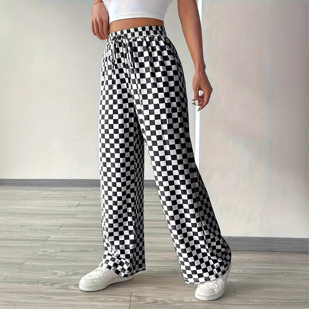 Damen Weite Freizeithose mit kariertem Muster und elastischem Bund R&B