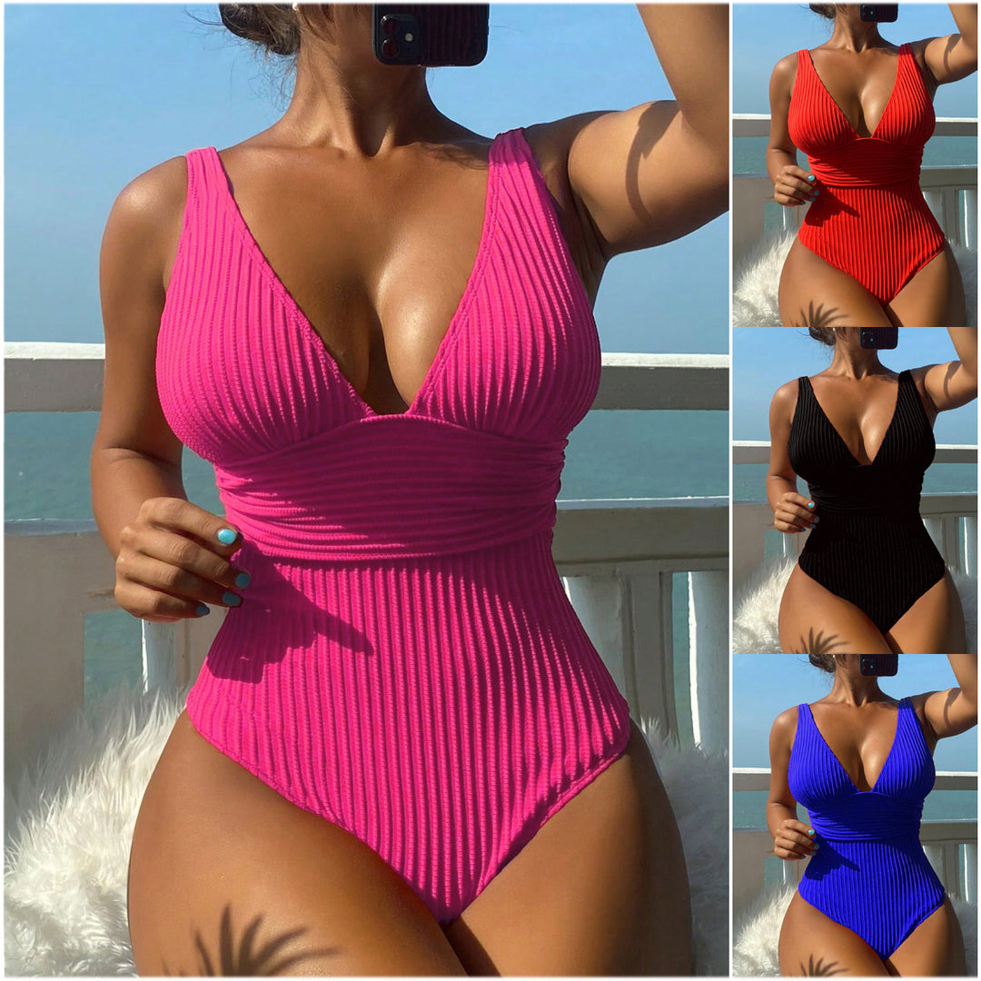 Damen Einteiliger Badeanzug mit figurbetontem Design und tiefem V-Ausschnitt R&B
