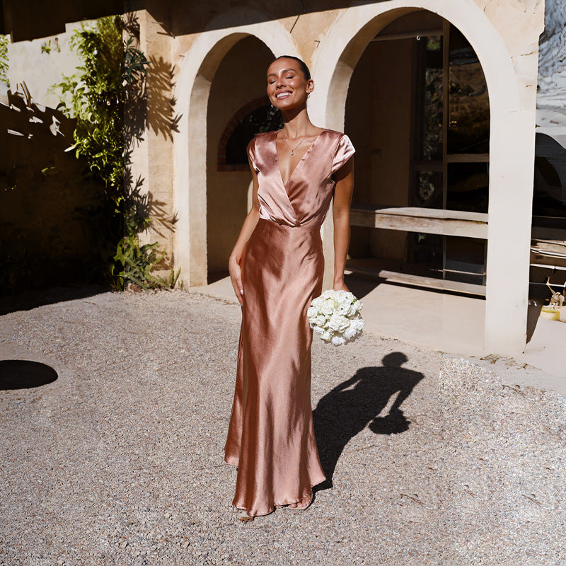 Damen Elegantes Langkleid mit V-Ausschnitt und fließendem Schnitt R&B