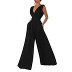 Damen Jumpsuit mit tiefem V-Ausschnitt und weit geschnittenem Bein R&B