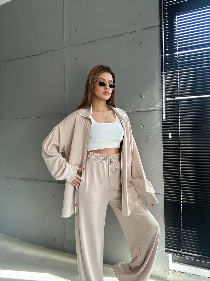 Damen modisches Satin-Sportanzug-Set mit verstellbarem Bund und hohem Kragen R&B