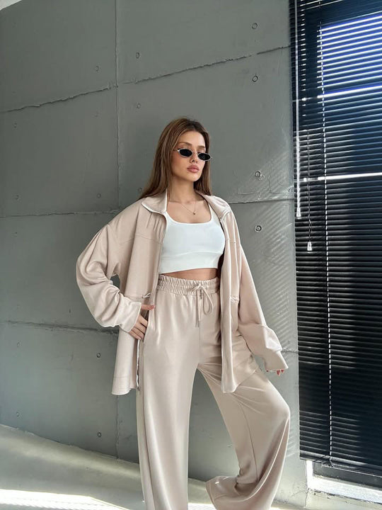 Damen modisches Satin-Sportanzug-Set mit verstellbarem Bund und hohem Kragen R&B
