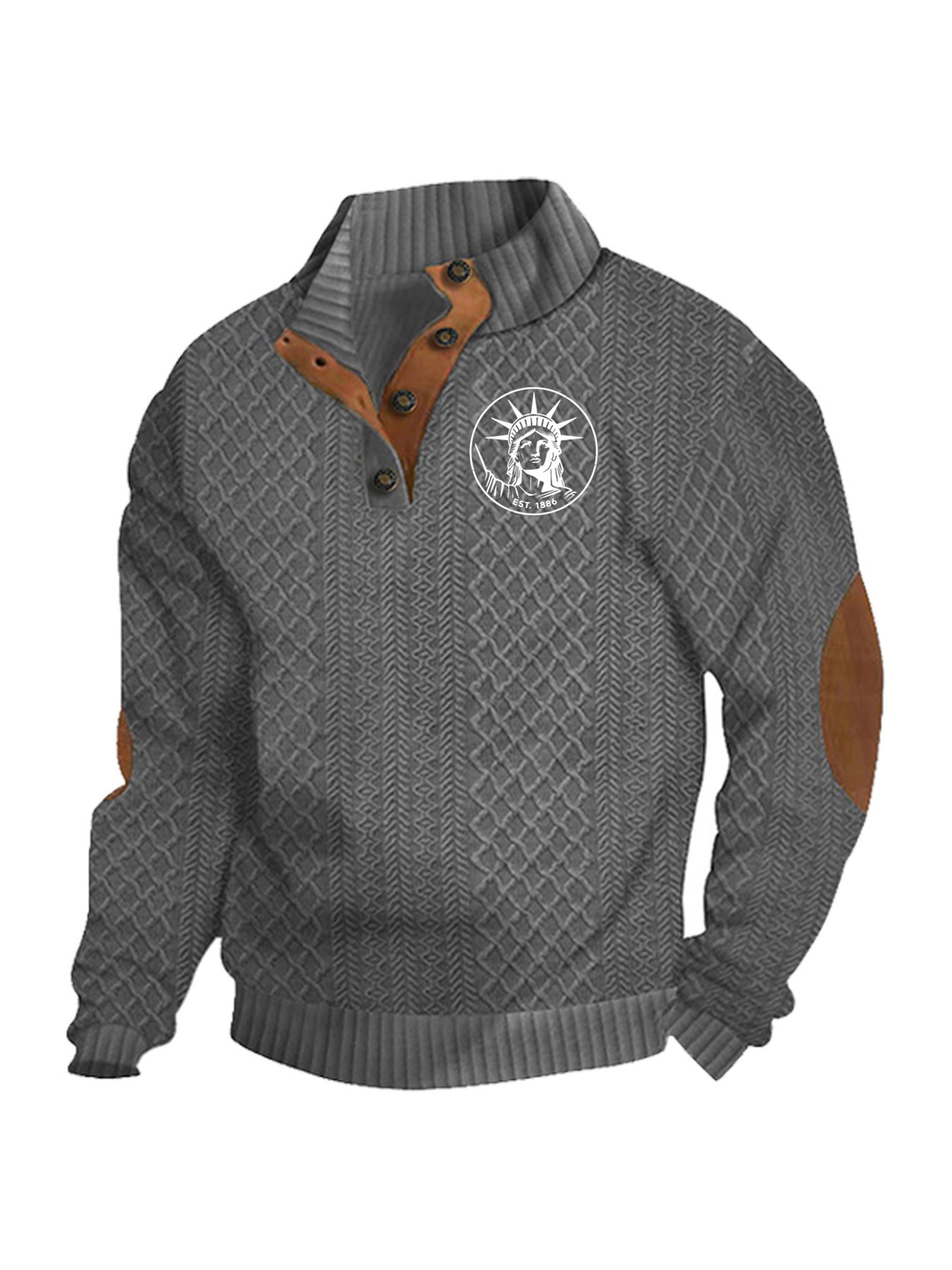 Herren nan Heritage-Strukturpullover mit Stehkragen Lederimitat-Besatz Ellenbogen-Patches und Halbknopfleiste R&B