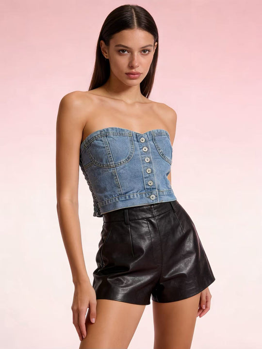 Damen Denim Bustier-Oberteil mit Knopfdetails und tailliertem Schnitt R&B