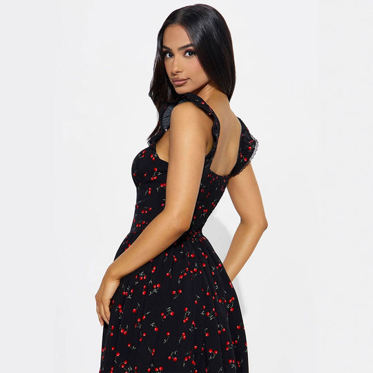 Damen Sommerkleid mit verspieltem Kirschmuster und Spitzenakzenten R&B